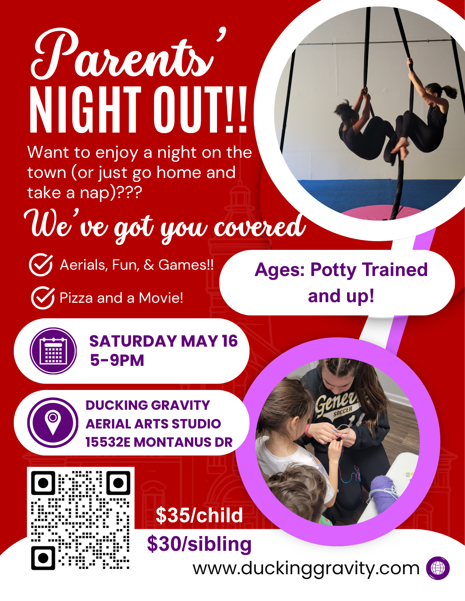 Parents Night Out: Saturday May 16, 2026, 5pm to 9pm at Ducking Gravity